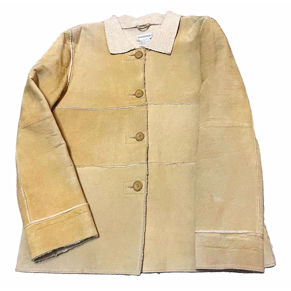 Vtg Charles Klein Womens Suede Leather Jacket Tan L Button Front Lined Y2K 90s